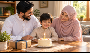 Can Muslims celebrate birthdays? A Muslim family with a simple birthday cake and gift