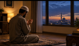Muslim man raising hands in sincere dua, reflecting patience when dua not being accepted