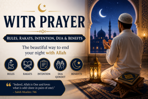 Witr Prayer infographic with prayer rules, rakats, intention, Dua Qunoot, and benefits.
