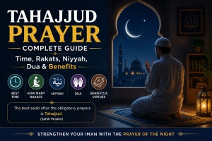 A Muslim man performing Tahajjud prayer at night near a window with a crescent moon and mosque view, alongside a guide explaining Tahajjud time, rakats, niyyah, dua, and benefits.