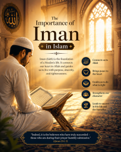 Importance of Iman in Islam infographic showing a Muslim man reading Quran with the six pillars of faith benefits listed