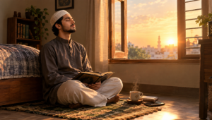 Man in quiet dhikr at sunrise practicing morning remembrance of Allah