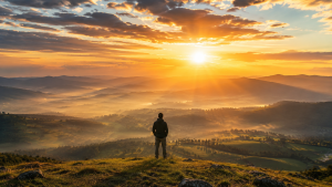 Person standing on a hill watching a beautiful sunrise over mountains and valleys.