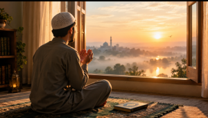 Muslim man making dua at sunrise, symbolizing a new beginning in Islam