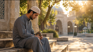 young Muslim reflecting quietly with Quran, symbolizing return to Allah