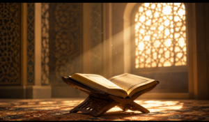Open Quran in warm light representing the 99 names of Allah