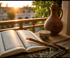 Miswak and water cup illustrating daily Sunnah practices like Sunnah of drinking water