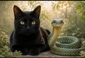 Black cat and snake together, symbolizing snake and cat dreams in Islam