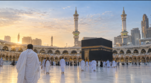 Best time to perform Umrah — pilgrims walking toward Masjid al-Haram at dawn