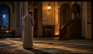 Muslim man standing in prayer reciting Dua Qunut during Witr at night