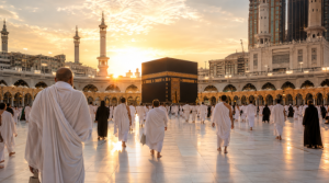 hajj vs umrah pilgrims walking toward the kaaba at dawn