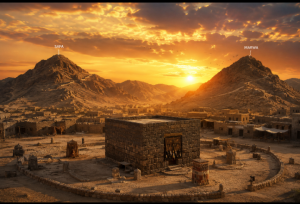 Historical background of Hajj showing the ancient Kaaba and desert mountains of Makkah