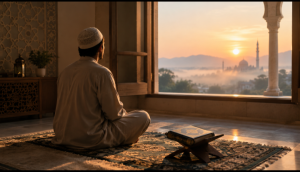 Muslim man reflecting after a dream during morning Sunnah prayer