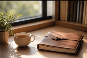 "islamic mental health reflection corner with tea and journal for quiet dua time"