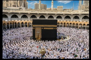A breathtaking view of the Kaaba in Mecca, surrounded by thousands of pilgrims performing Tawaf (circumambulation) in their Ihram, signifying the unity of Muslims and the grandeur of the Hajj pilgrimage.