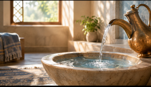Water jug and basin representing the rules of Ghusl and Islamic purification