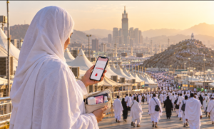 Woman in Ihram checking a period calendar during Hajj, showing the rules of performing Hajj during periods