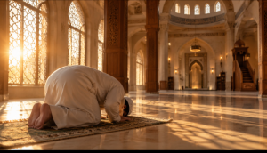 Man following the rules of Salat while prostrating in Sujud inside a mosque