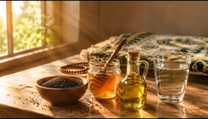 Black seed, honey, olive oil, and water on a table representing Tibb-e-Nabawi healthy life habits
