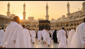 How to perform Umrah step by step — pilgrims in Ihram walking toward the Kaaba"