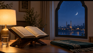 Open Qur'an beside a warm lamp at night, representing the virtues of Surah Mulk