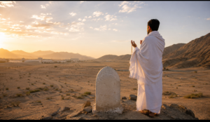 What is Ihram in Islam — pilgrim wearing white Ihram garments at the Miqat