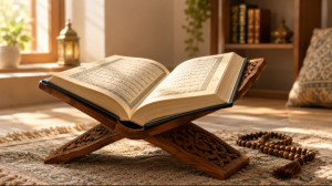 Open Quran on a wooden stand in soft morning light