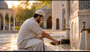 causes of Wudu invalidation shown through a man performing ablution at a mosque fountain