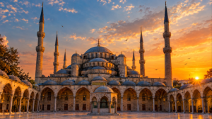 Blue Mosque Istanbul domes and minarets glowing at sunset
