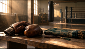 Boxing gloves and prayer mat representing the Islamic ruling on whether boxing is haram
