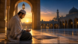 Man making dua at dawn to heal a broken heart in Islam