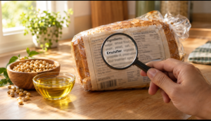 Hand holding a magnifying glass over a food label to check if the emulsifier E471 is halal