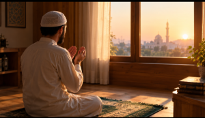 Man reciting dua for anxiety and stress during morning prayer