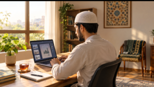 Muslim freelancer earning from freelancing at a sunlit desk with a prayer rug nearby