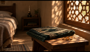 Gold jewelry beside a prayer mat at dawn, representing gold in a dream Islamic meaning