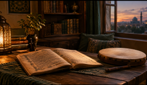 daf drum and manuscript symbolizing instrumental music haram debate
