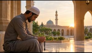 Muslim man reflecting on masturbation in Islam and seeking repentance at sunrise