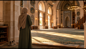Non-Muslim visitor observing mosque etiquette with modest dress and shoes removed