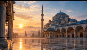 peaceful mosque courtyard at dawn symbolizing a mosque in a dream