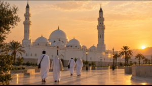 Pilgrims walking toward Masjid Quba at sunset in Madinah, one of the mosques in Saudi Arabia