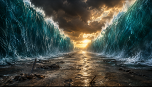 Prophet Musa and Pharaoh — the parted Red Sea under a stormy sky