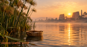 Reed basket floating on the Nile River at dawn