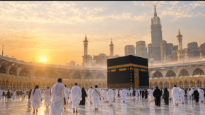 Pilgrims in Ihram at dawn, illustrating the rules on sex during Hajj
