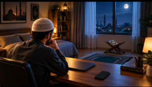 watching porn haram in Islam - man struggling at night