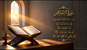 Open Qur'an in dawn light beside the Arabic text of Surah Ikhlas, representing the Surah Ikhlas meaning