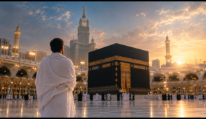 Pilgrim in white Ihram facing the Kaaba at dawn, representing Hajj in a dream