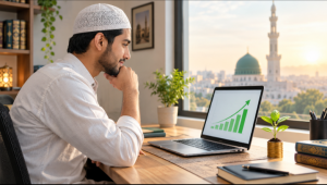 Halal investing: a Muslim man reviews a growth chart with a mosque in the background