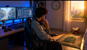 Is competitive gaming halal? Muslim gamer at an esports desk with a trophy looking at a prayer mat
