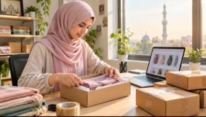 Is dropshipping halal? A Muslim woman packs an online store parcel with a mosque in the background