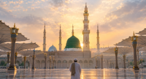 Green Dome of the Prophet's Mosque in Madinah at dawn, representing Madinah in a dream